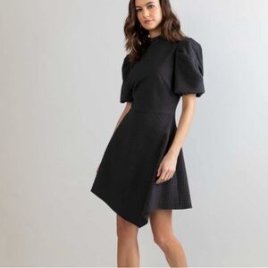 Shoshanna Black Elizabeth Asymetrical MIni Dress Puff Sleeve Textured Size 2 LBD